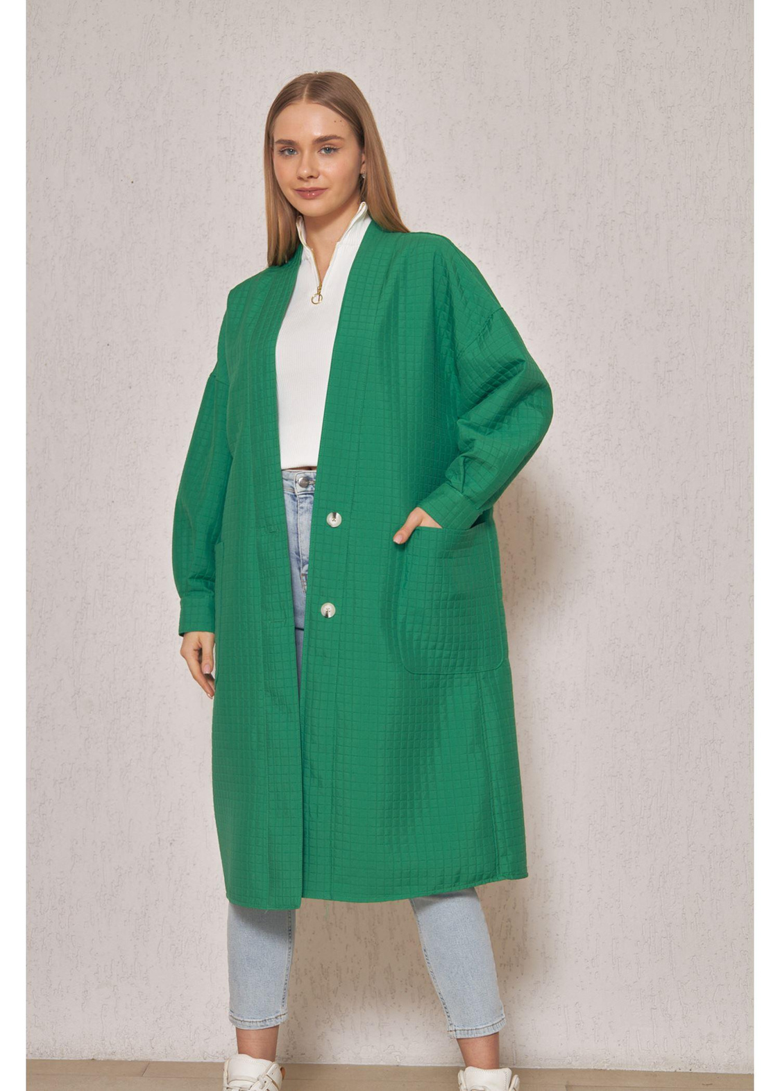 Balık Baskılı Kapitone Kimono- Yeşil