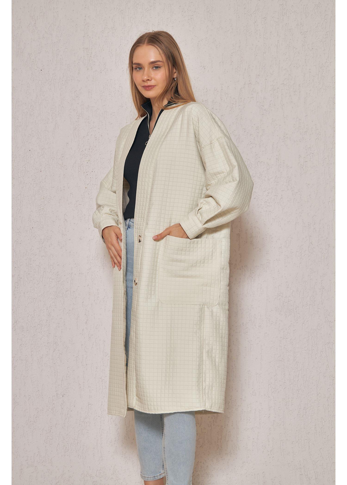 Balık Baskılı Kapitone Kimono-Taş