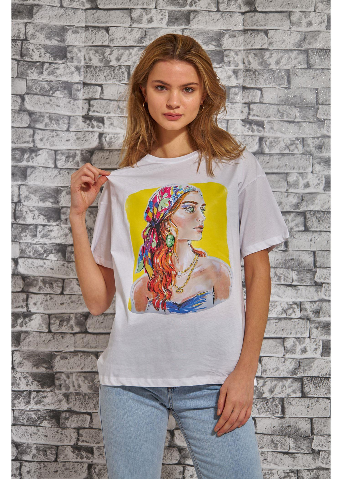 Bandana Kadın Baskılı Süprem T-Shirt-Beyaz