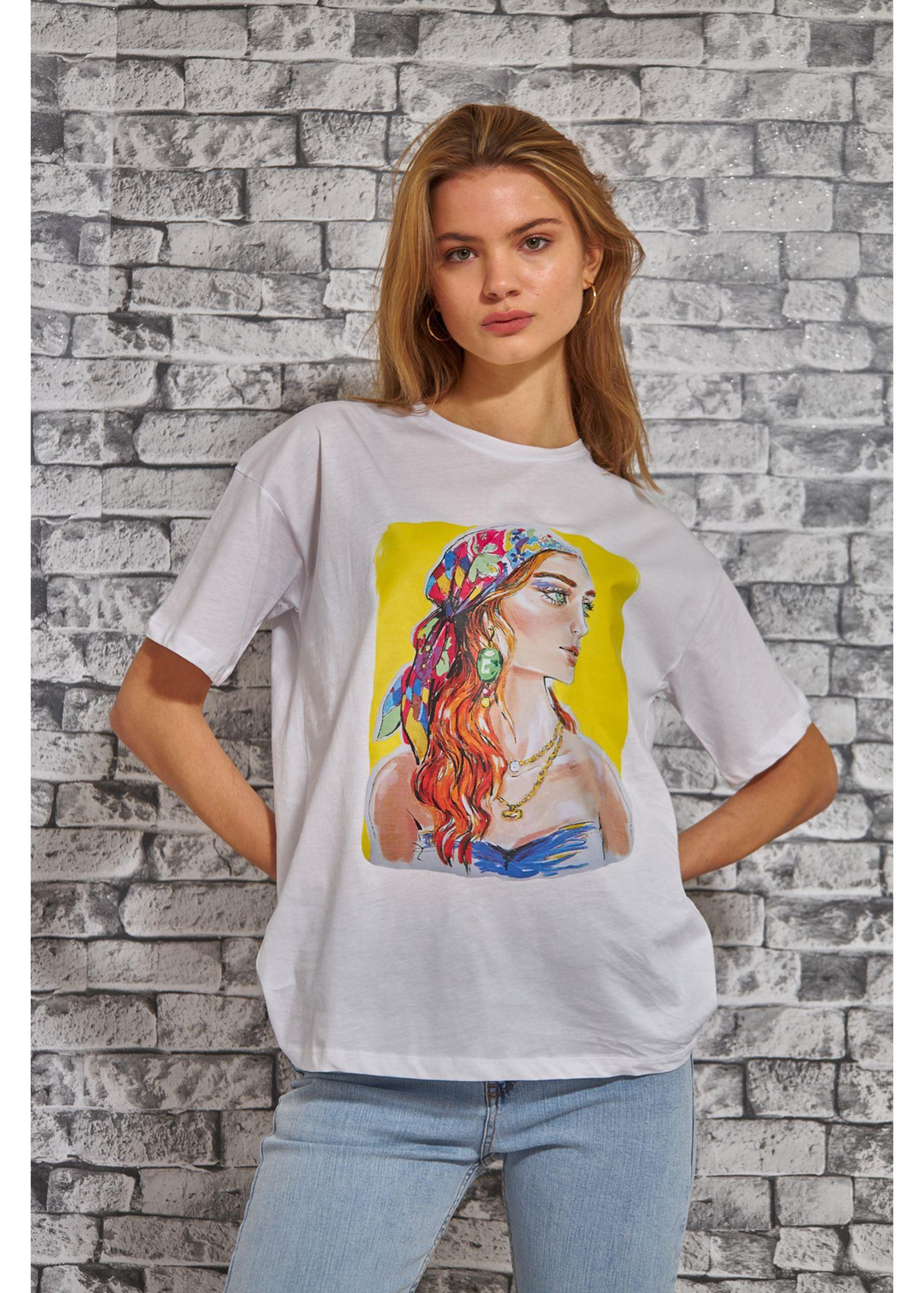 Bandana Kadın Baskılı Süprem T-Shirt-Beyaz