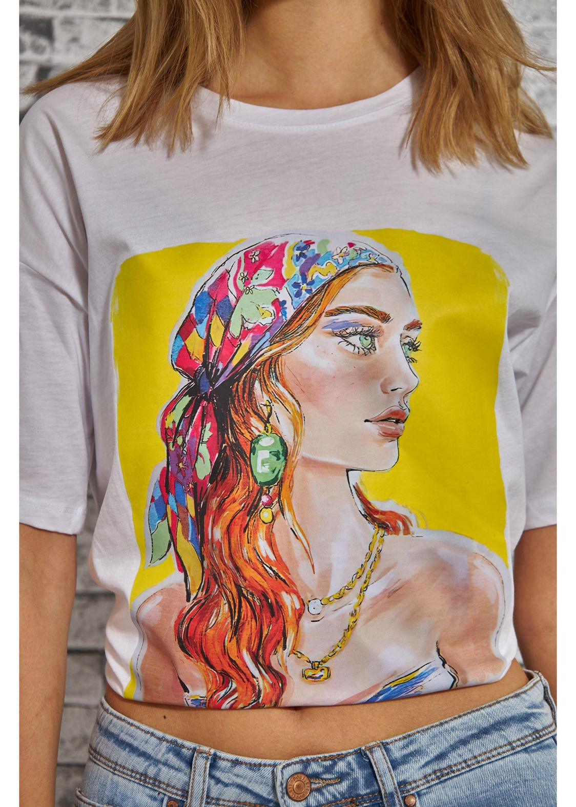 Bandana Kadın Baskılı Süprem T-Shirt-Beyaz