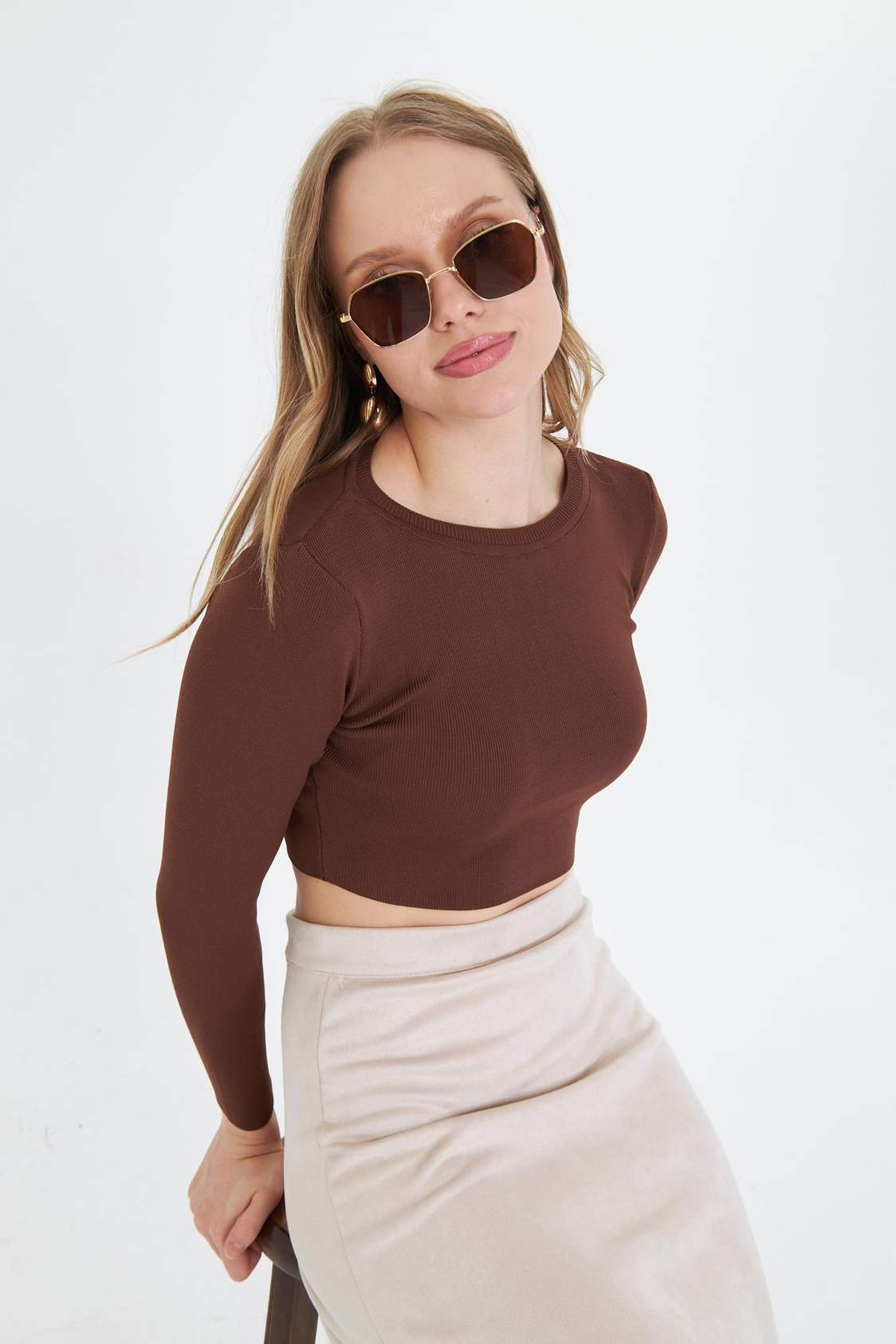 Basic Yaka Crop Kazak - Kahve