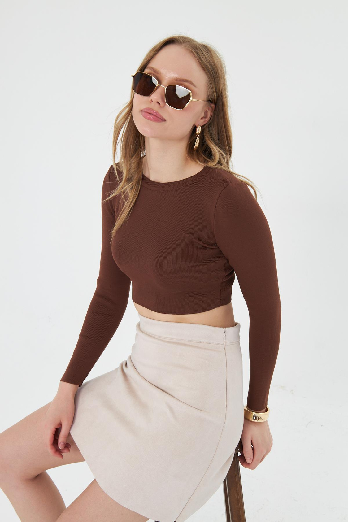 Basic Yaka Crop Kazak - Kahve