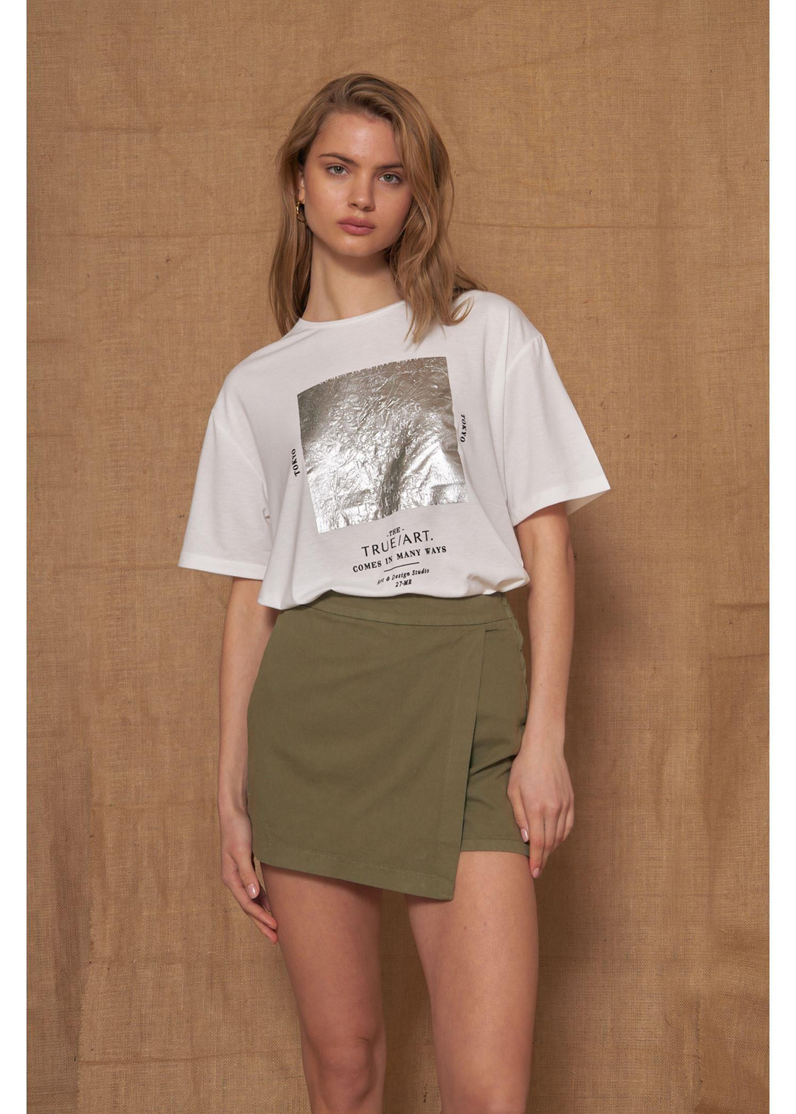 Baskılı Basic T-shirt-Ekru