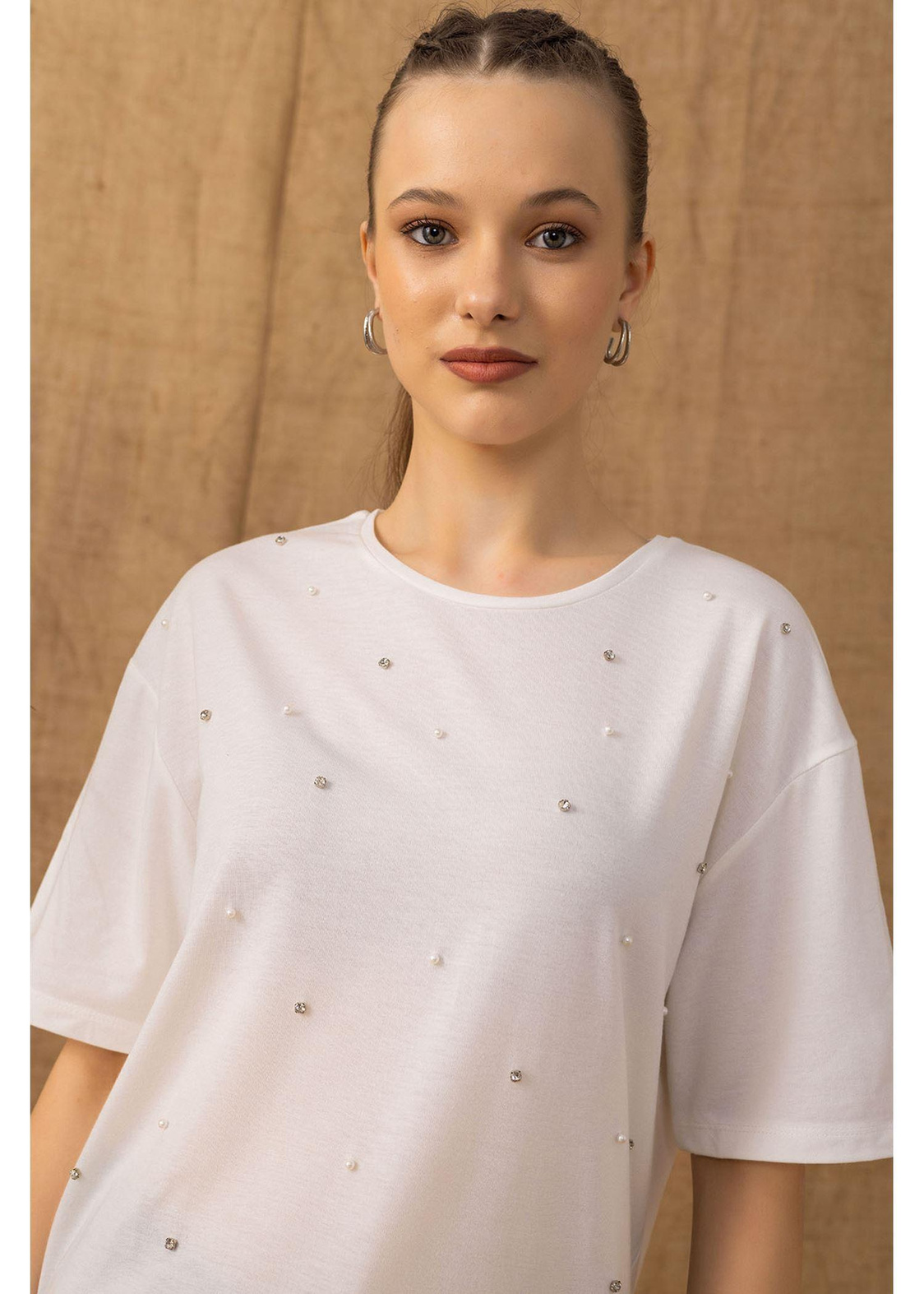 Baskılı Basic T-shirt-Ekru