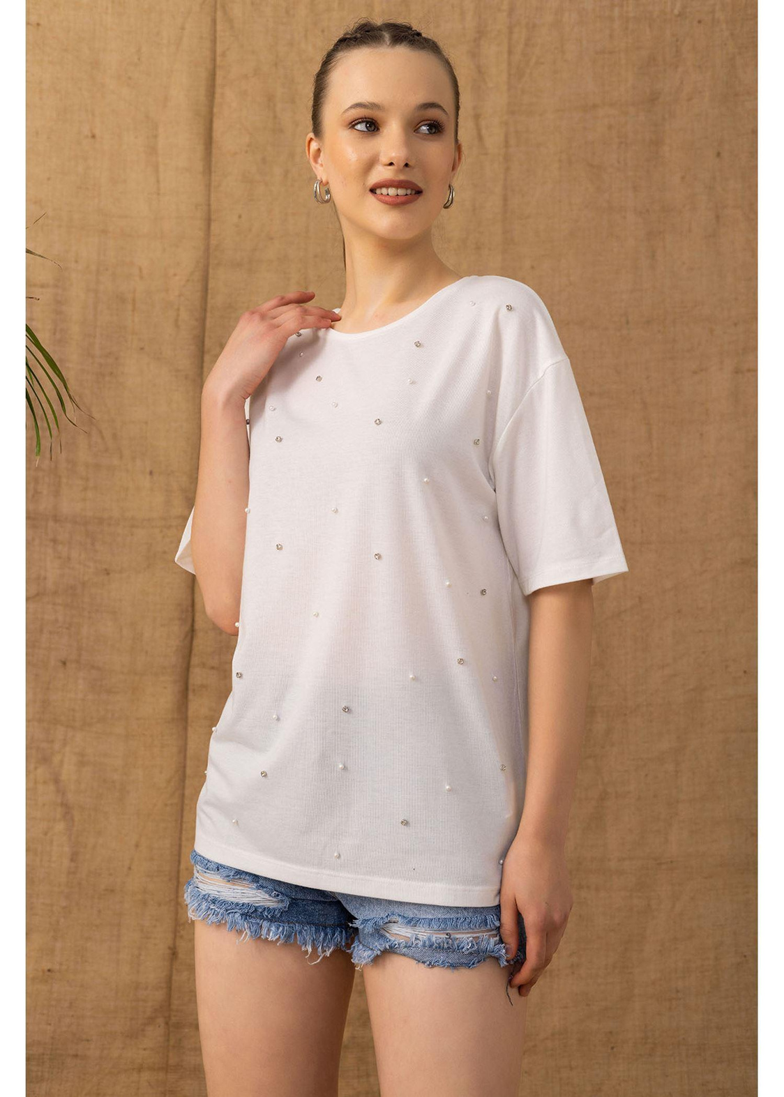 Baskılı Basic T-shirt-Ekru