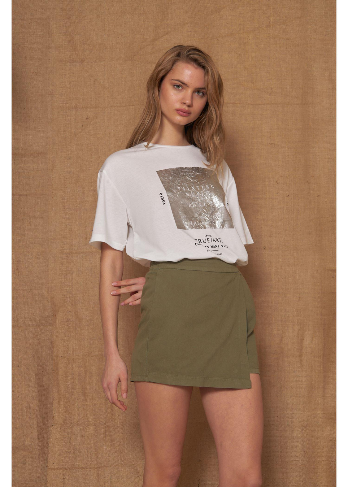Baskılı Basic T-shirt-Ekru