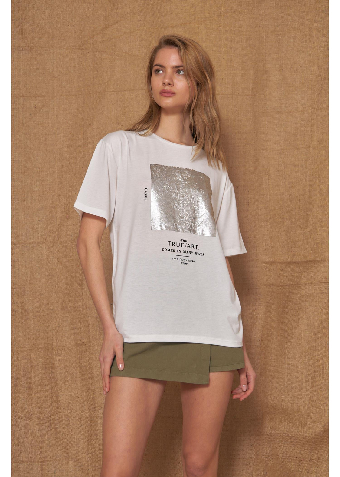 Baskılı Basic T-shirt-Ekru
