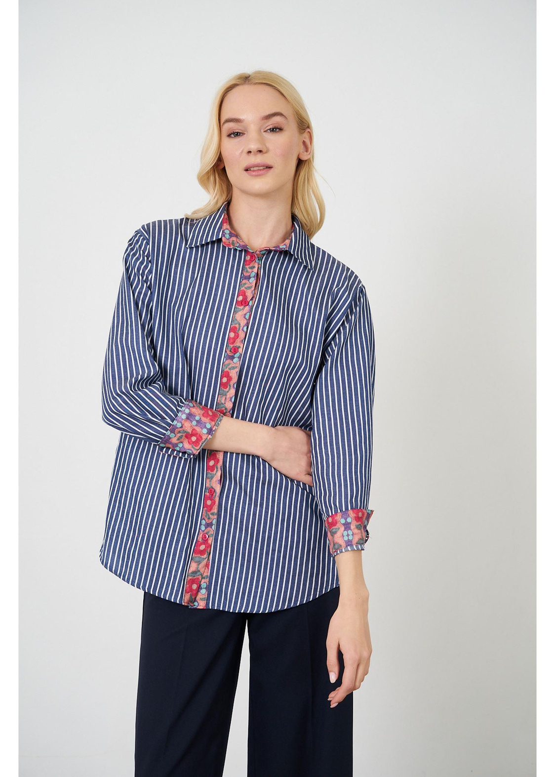 Baskılı Çizgili Poplin Gömlek-Lacivert