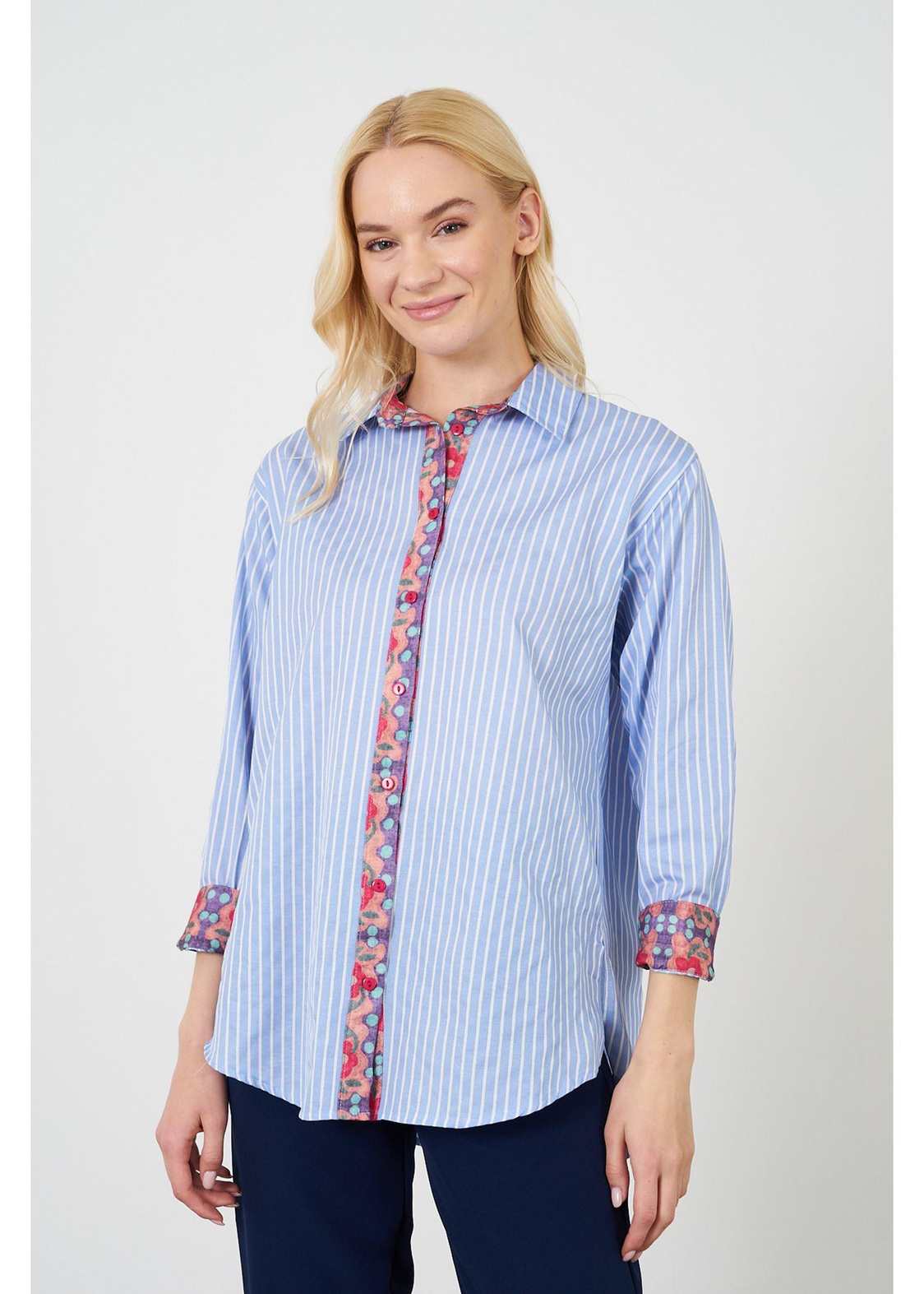 Baskılı Çizgili Poplin Gömlek-Mavi