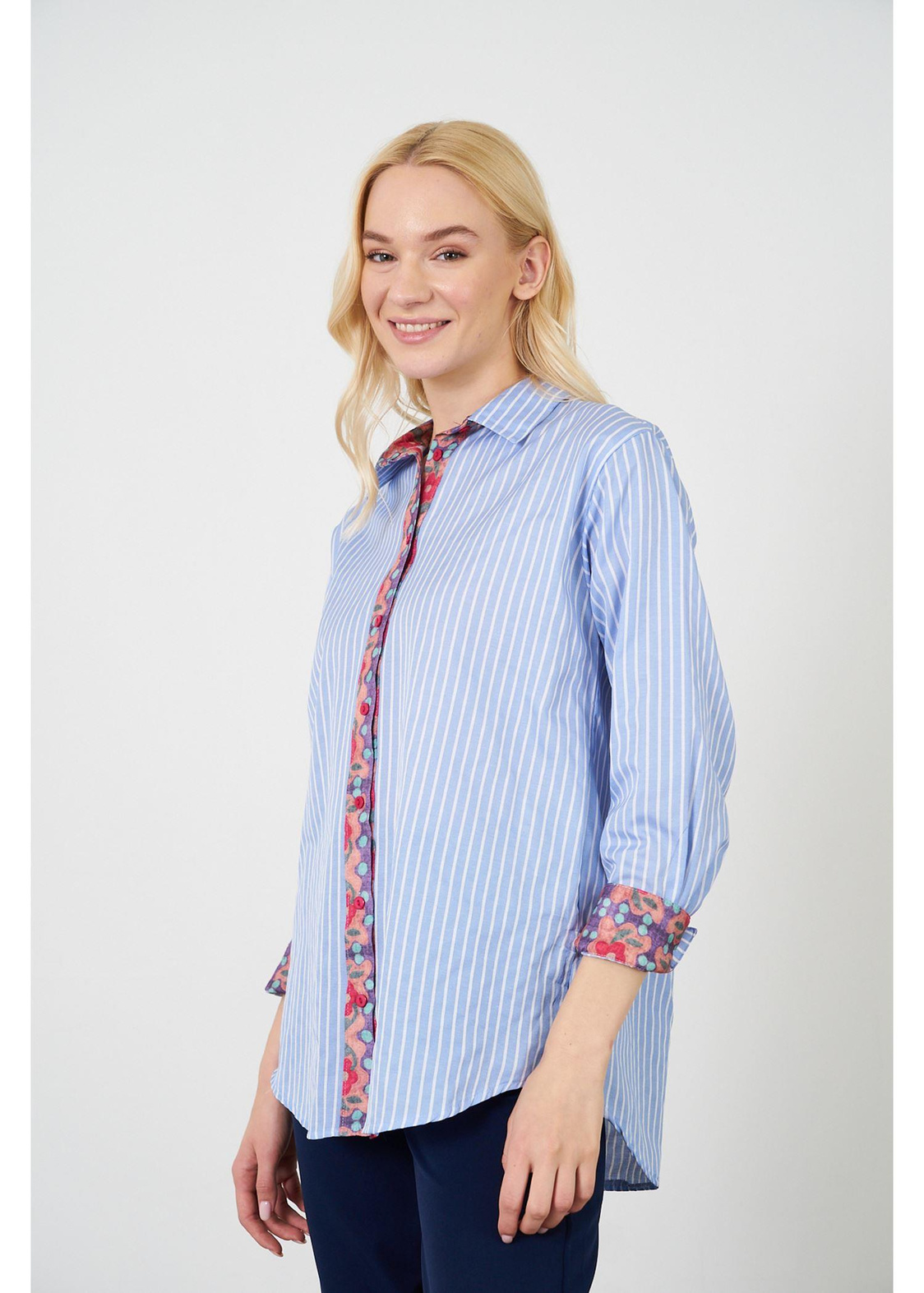 Baskılı Çizgili Poplin Gömlek-Mavi