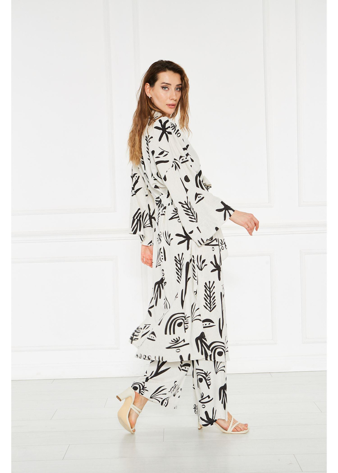 Baskılı Keten Kimono-Siyah