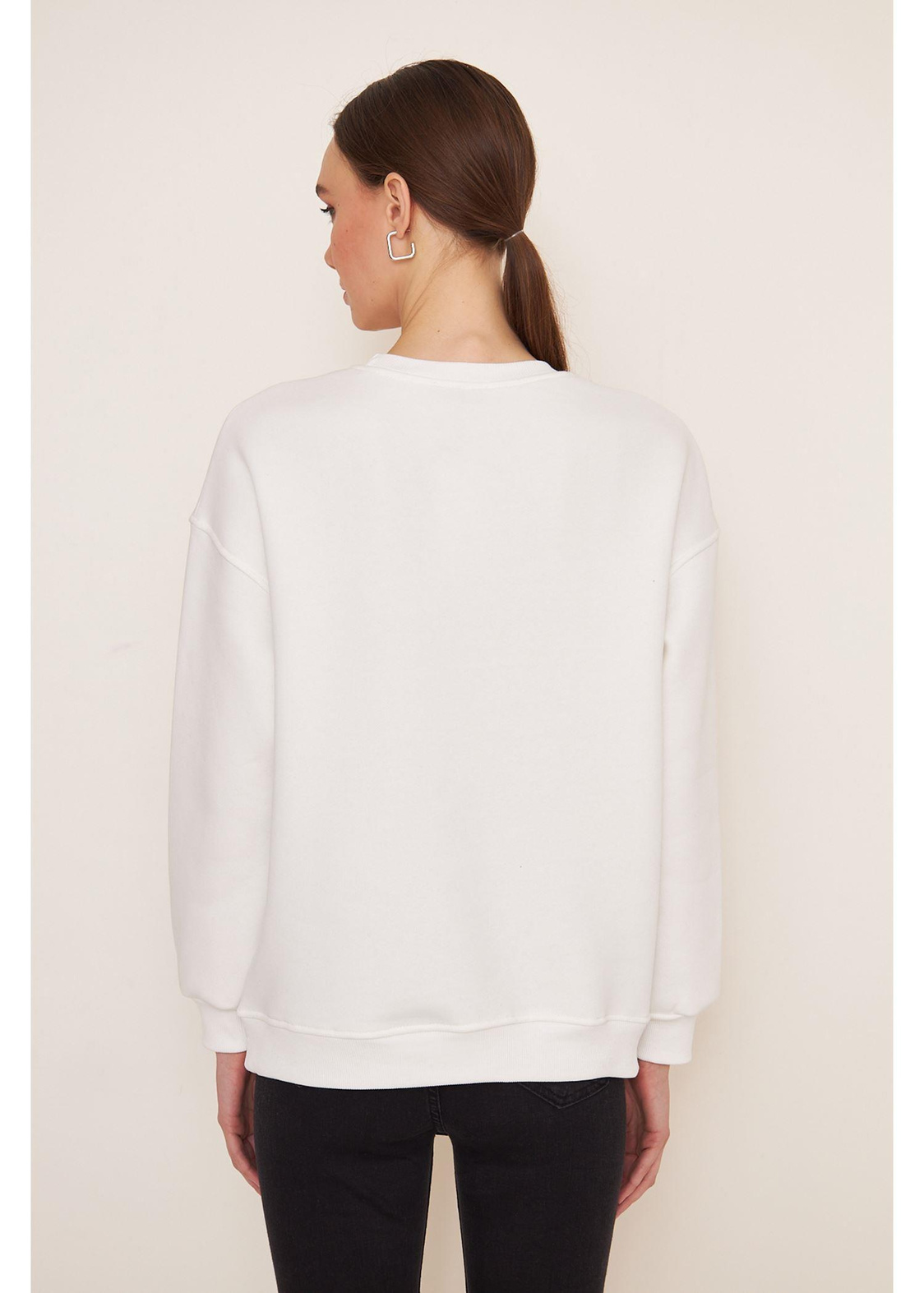 Baskılı Pullu Sweatshirt-Ekru