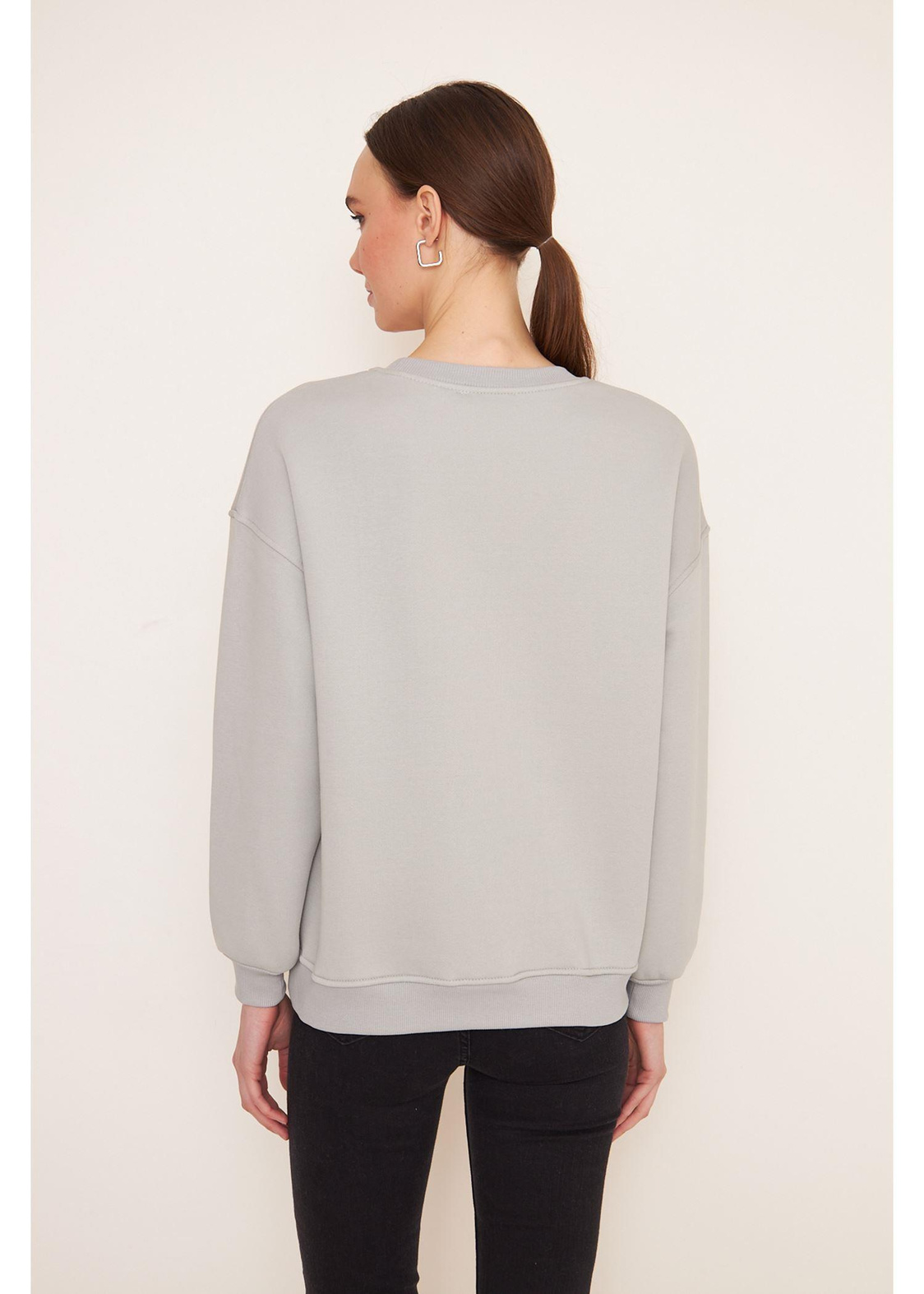 Baskılı Pullu Sweatshirt-Gri