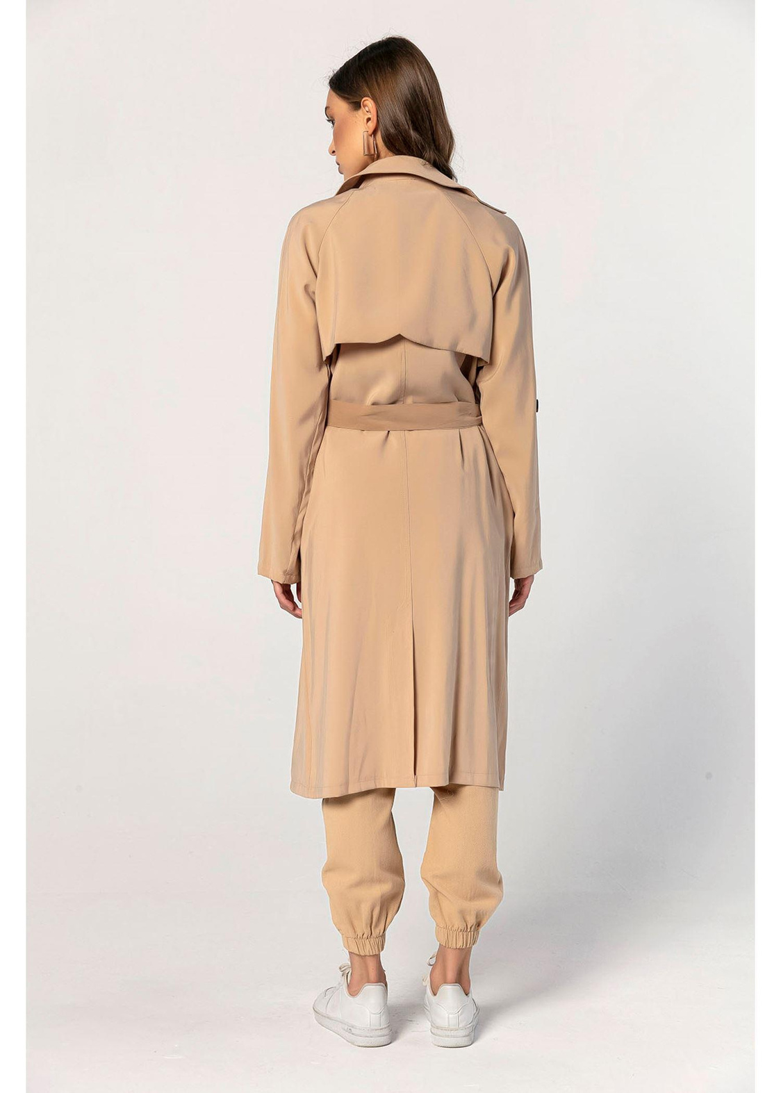 Belden Bağcıklı, Oversize Uzun Trençkot-Bej