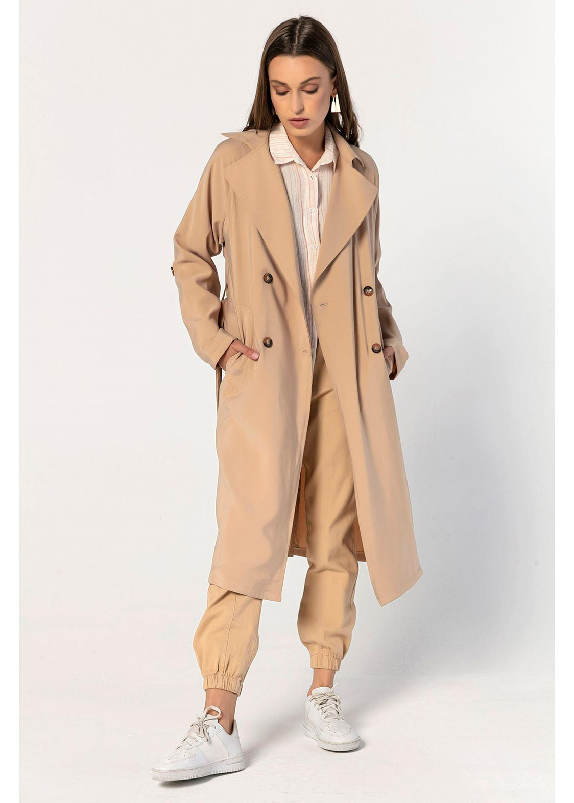 Belden Bağcıklı, Oversize Uzun Trençkot-Bej