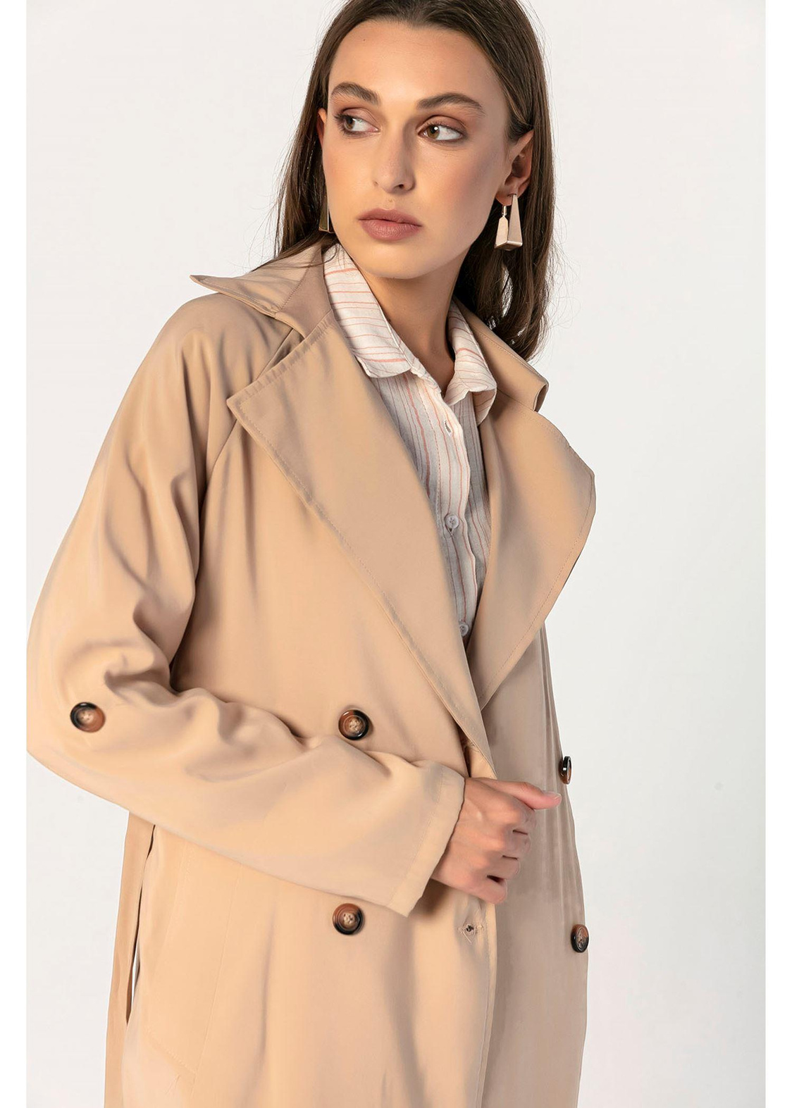 Belden Bağcıklı, Oversize Uzun Trençkot-Bej