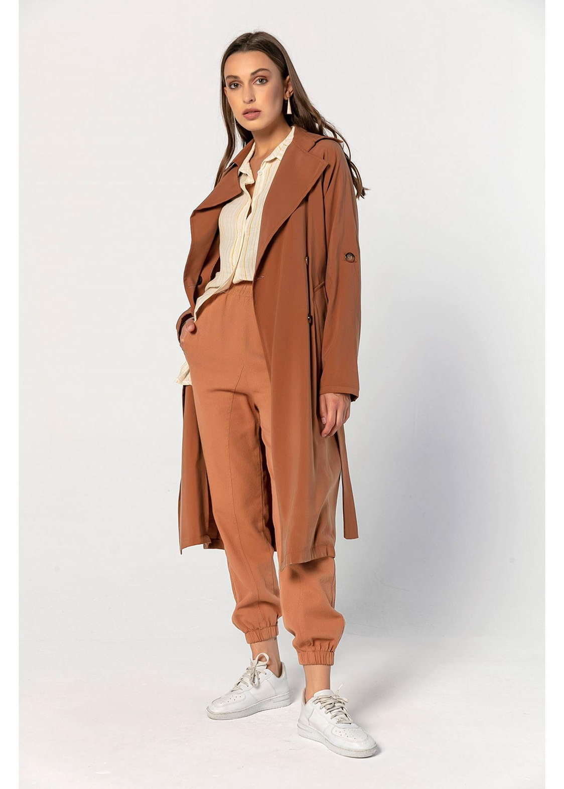 Belden Bağcıklı, Oversize Uzun Trençkot-Tarçın