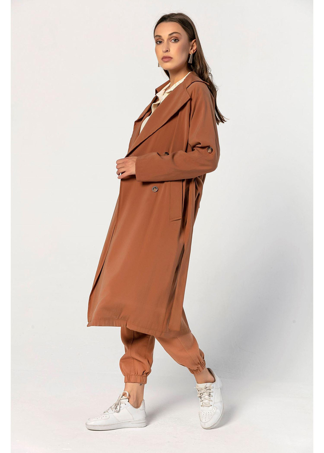 Belden Bağcıklı, Oversize Uzun Trençkot-Tarçın