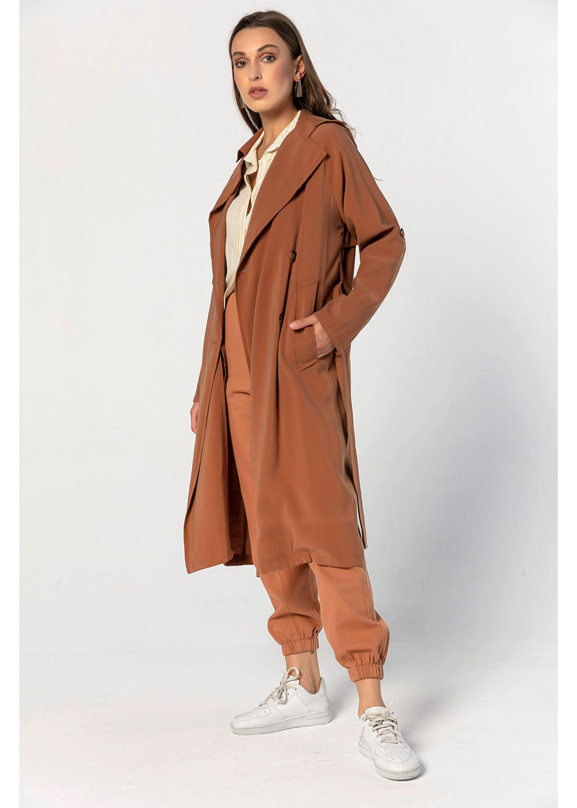 Belden Bağcıklı, Oversize Uzun Trençkot-Tarçın