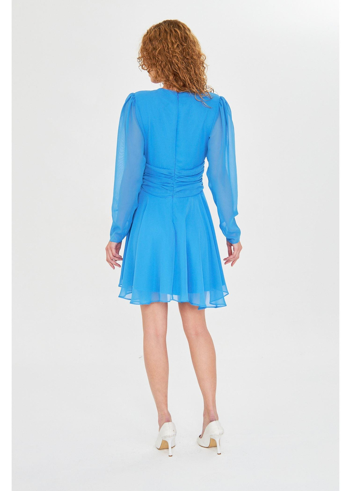 Beli Büzgülü Şifon Elbise-Mavi