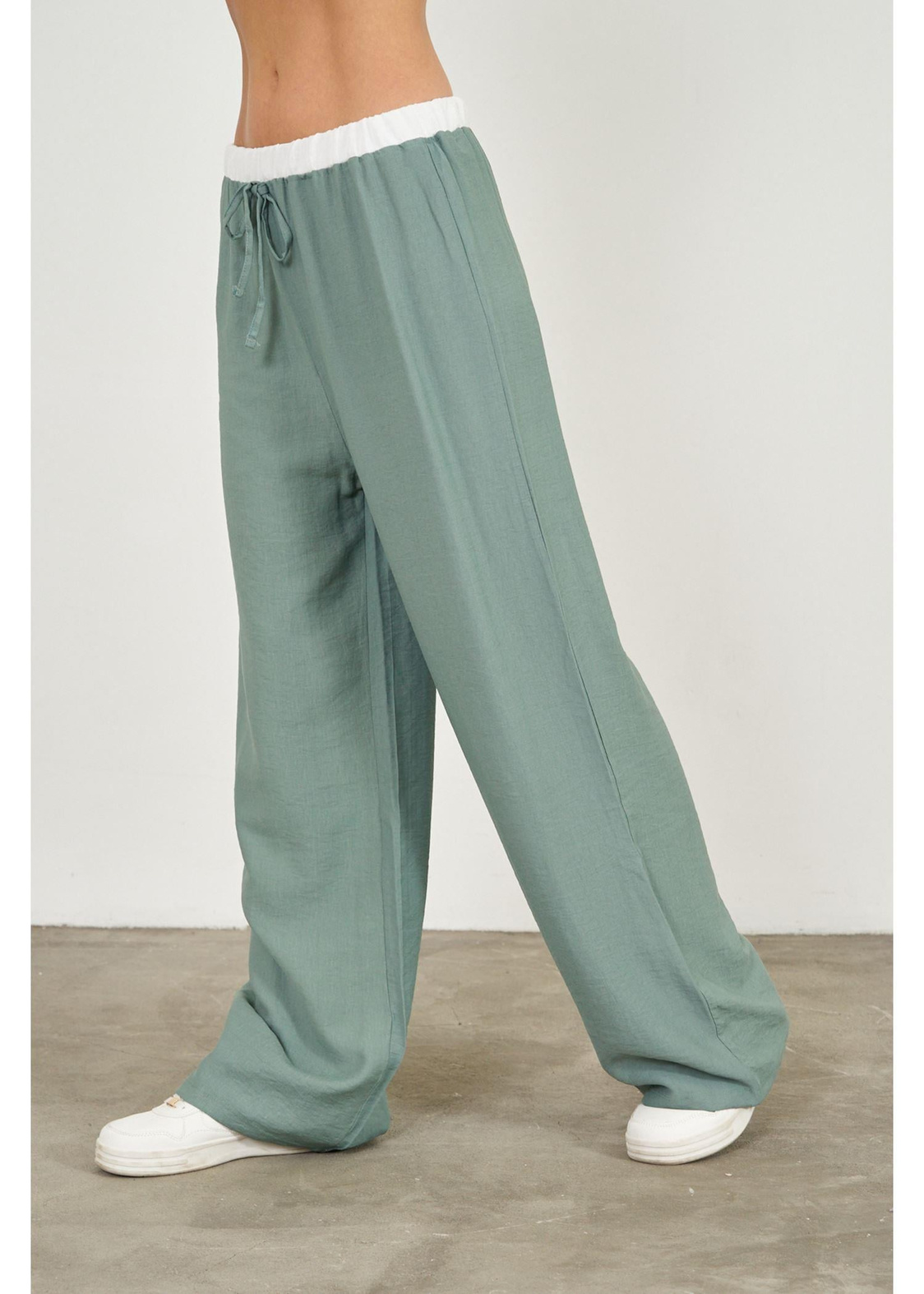Beli Garnili Bağcıklı Bol Keten Pantolon-Mint