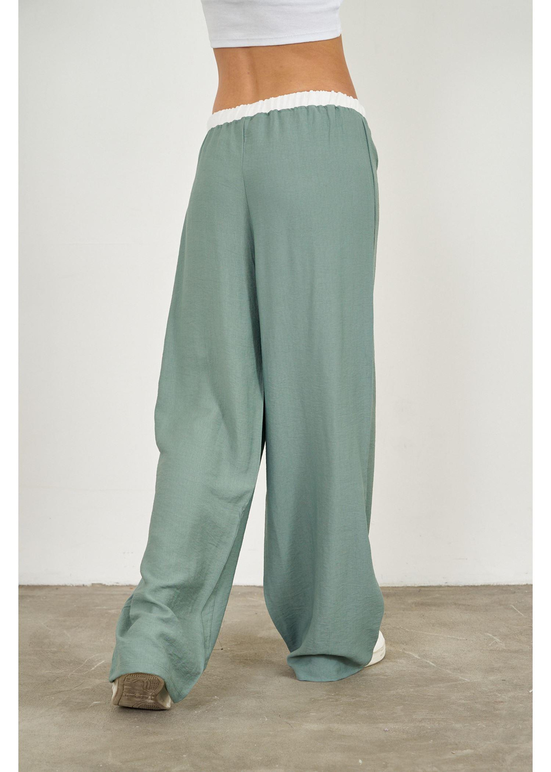 Beli Garnili Bağcıklı Bol Keten Pantolon-Mint