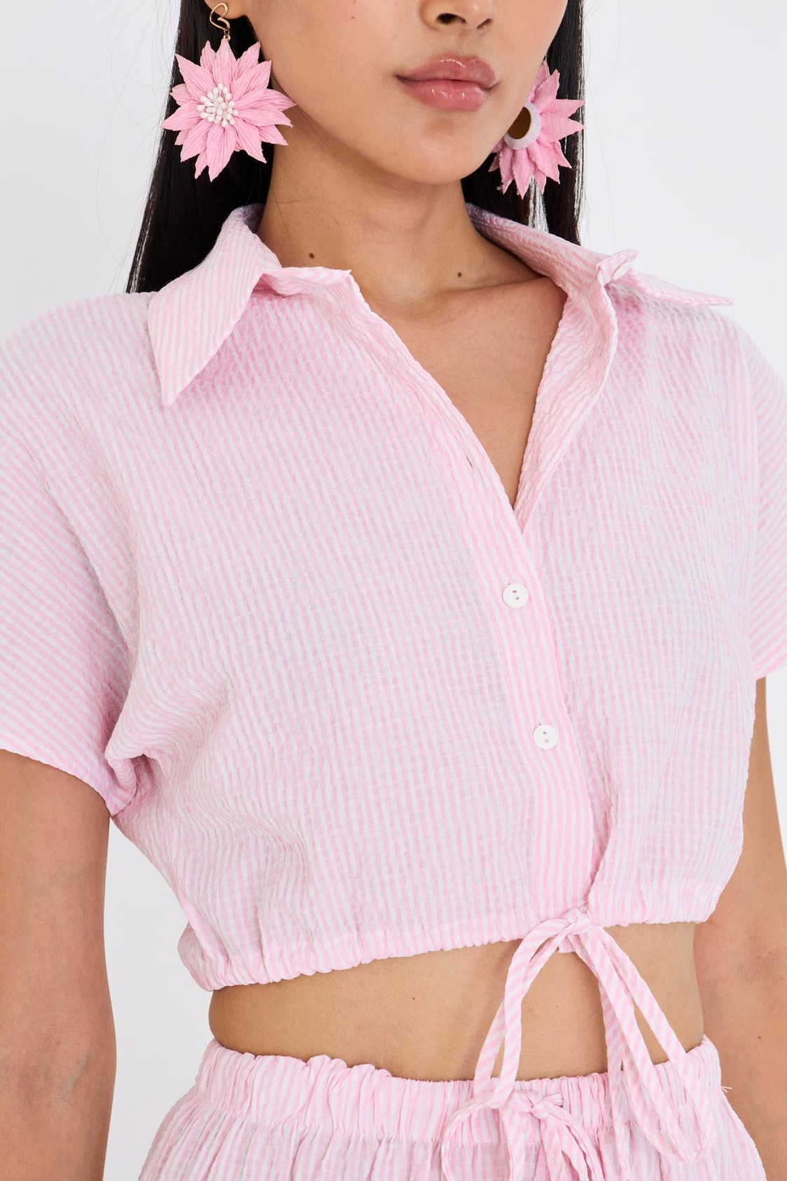 Beli İpli Crop Gofre Gömlek