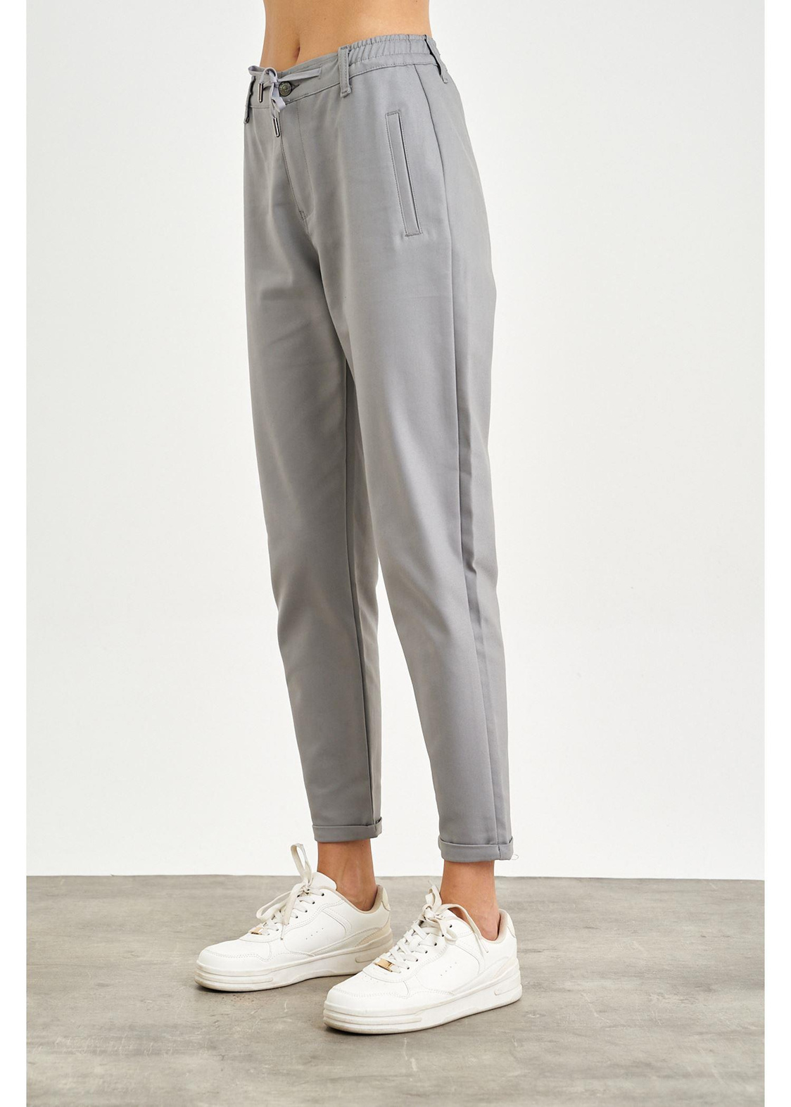 Beli İpli Slim Fit Pantolon-Gri