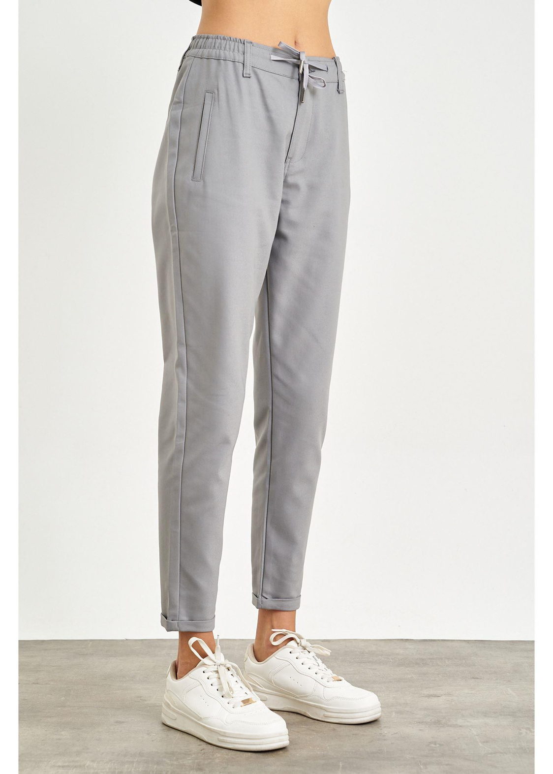 Beli İpli Slim Fit Pantolon-Gri
