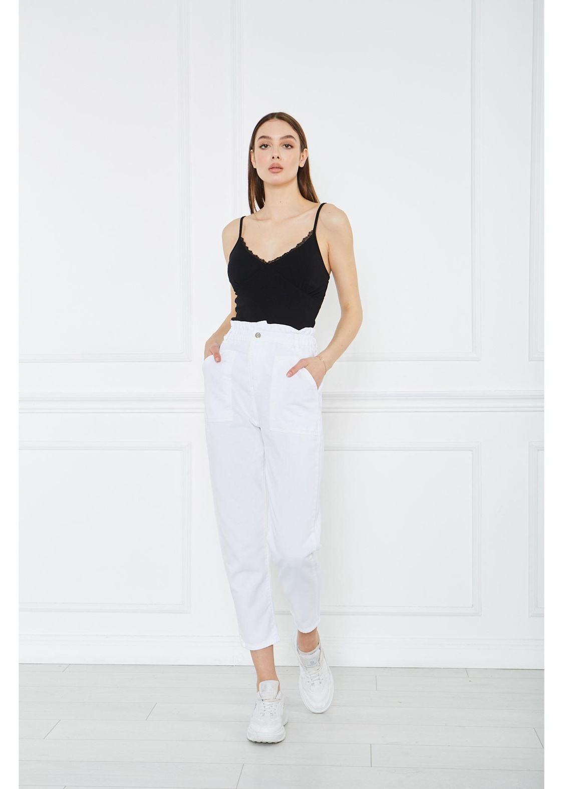 Beli Lastikli Cepli Gabardin Pantolon-Beyaz