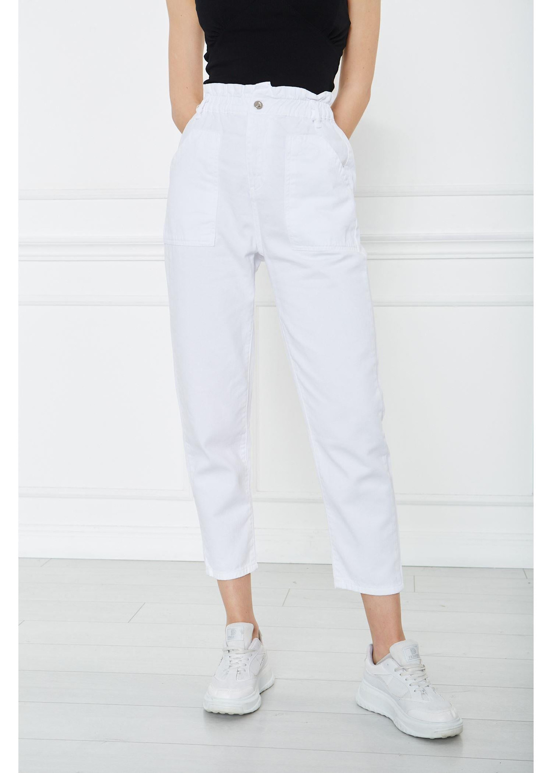 Beli Lastikli Cepli Gabardin Pantolon-Beyaz