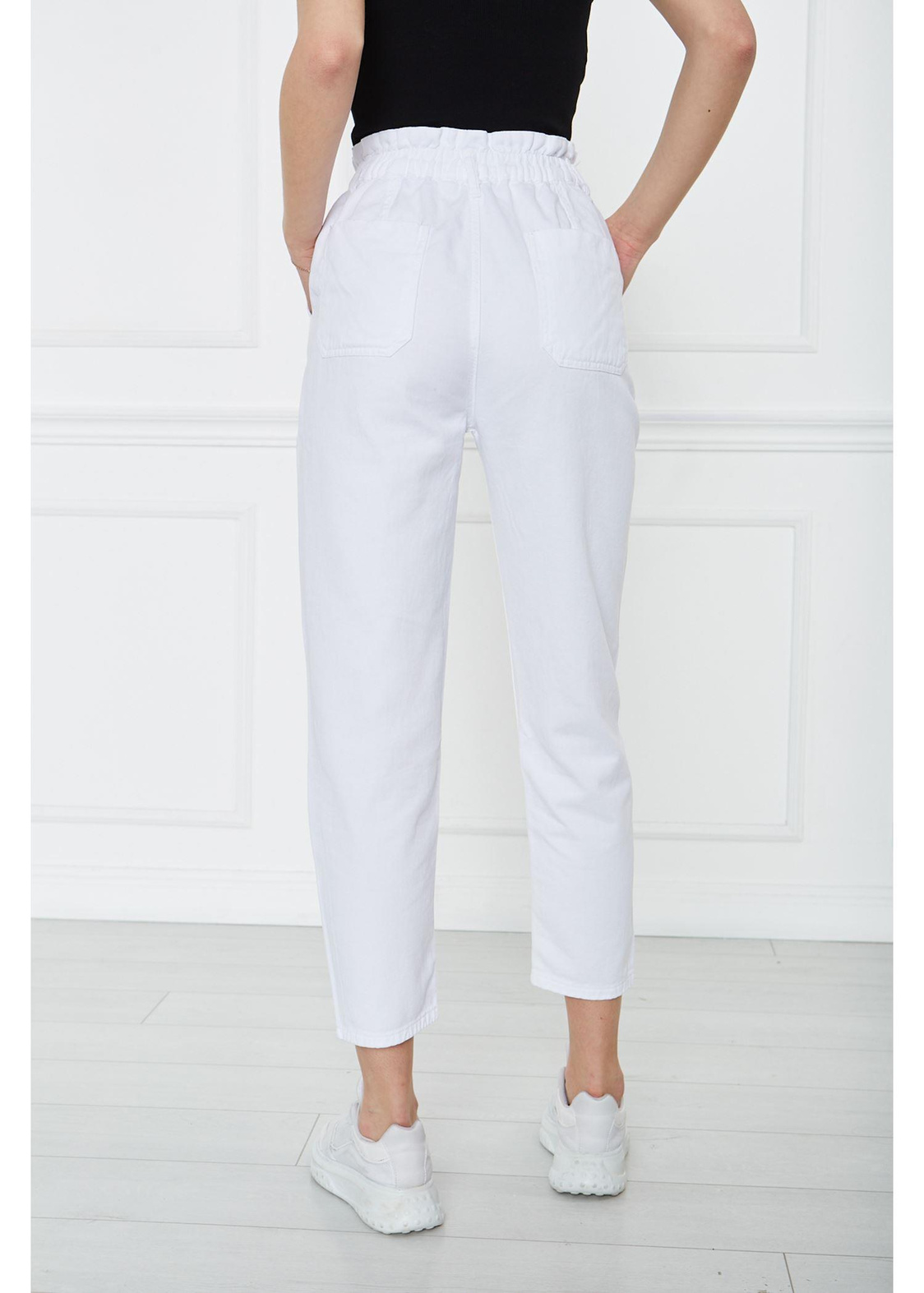 Beli Lastikli Cepli Gabardin Pantolon-Beyaz