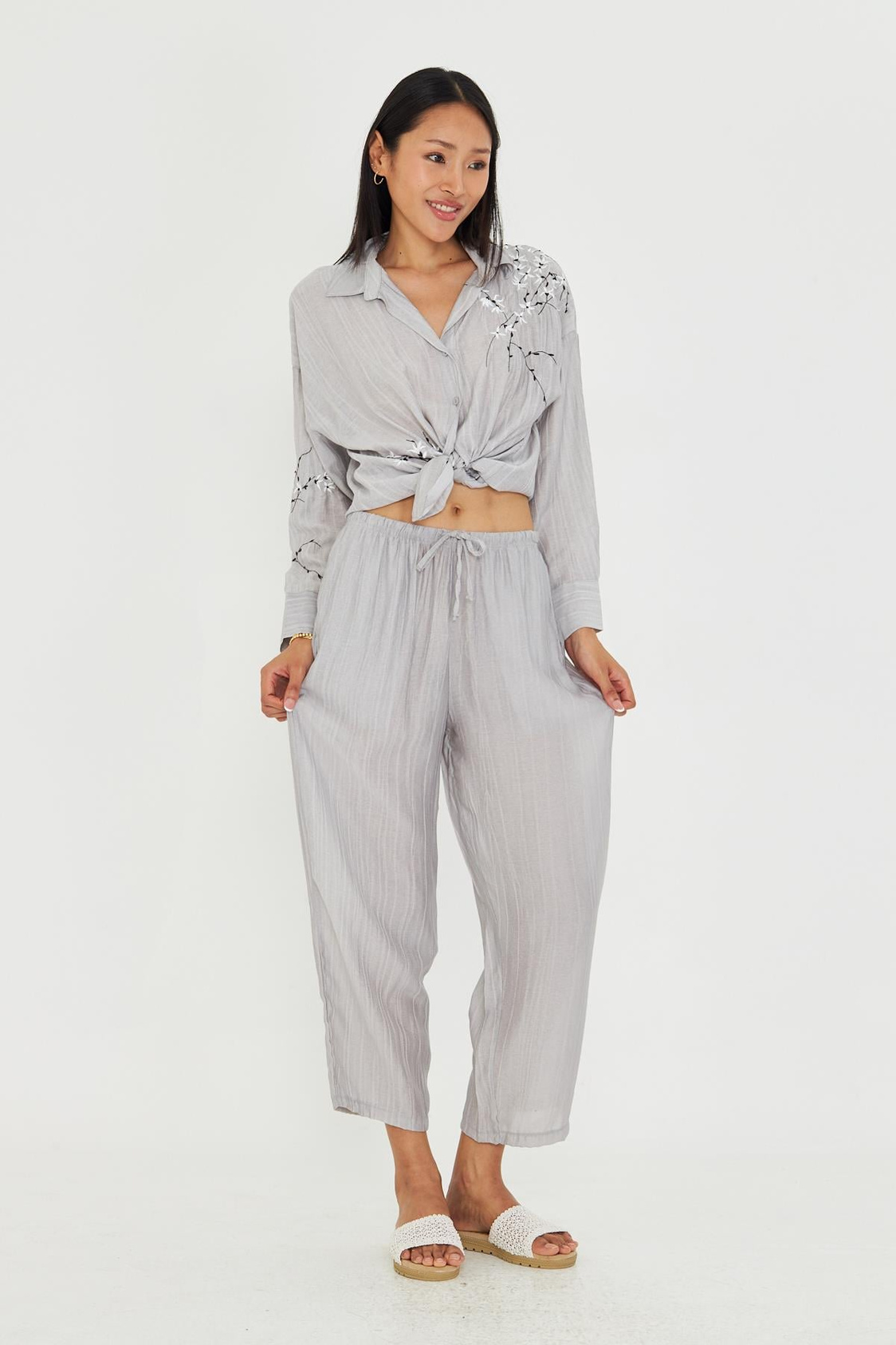 Beli Lastikli Çizgili Rayon Pantolon