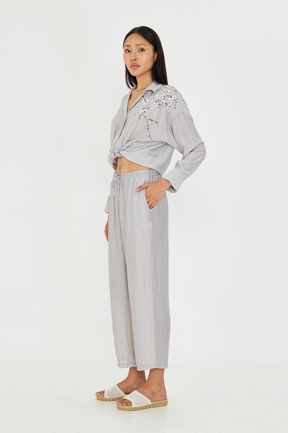Beli Lastikli Çizgili Rayon Pantolon