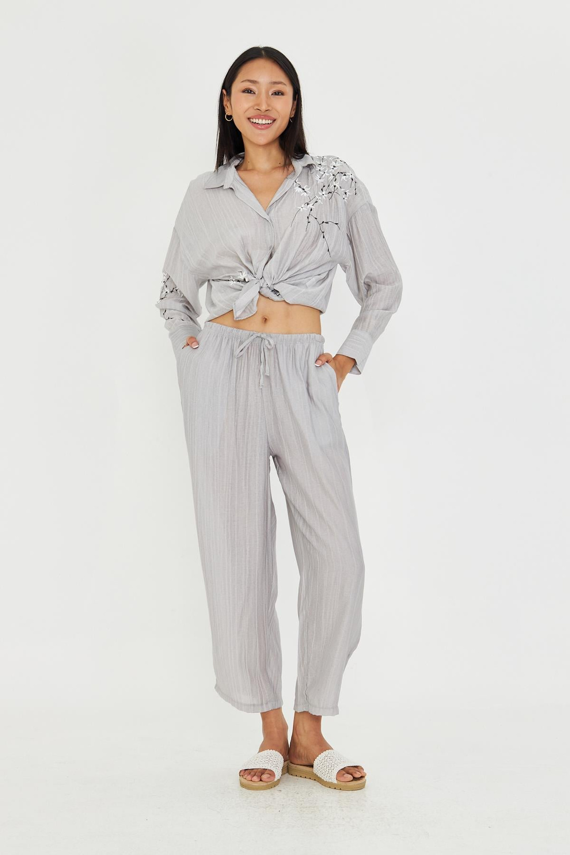 Beli Lastikli Çizgili Rayon Pantolon