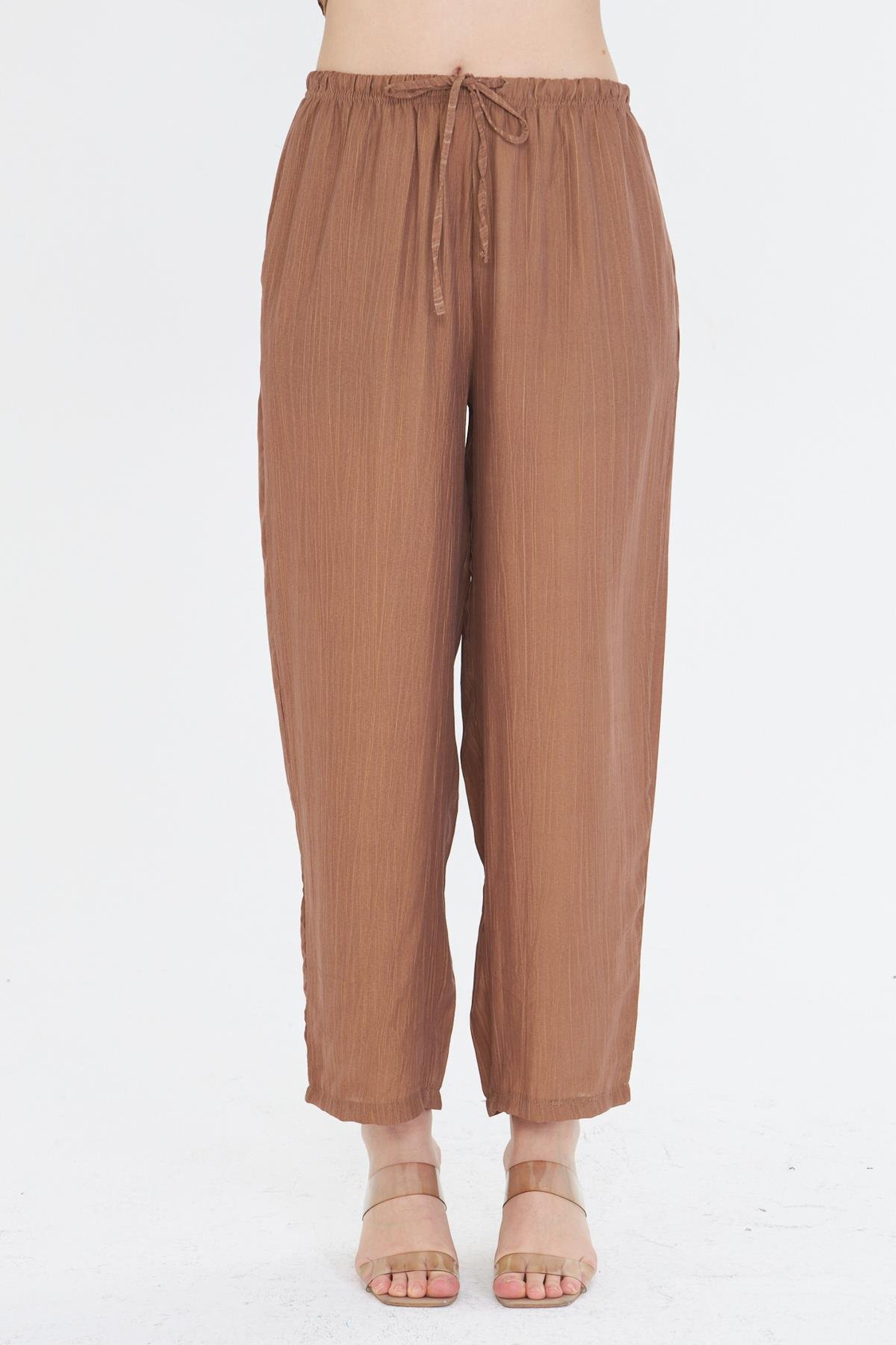 Beli Lastikli Çizgili Rayon Pantolon - Camel