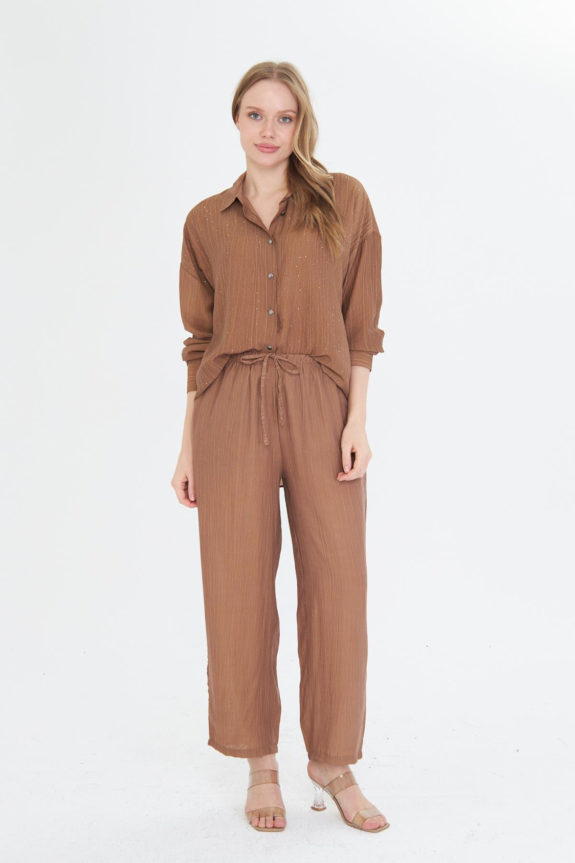 Beli Lastikli Çizgili Rayon Pantolon - Camel