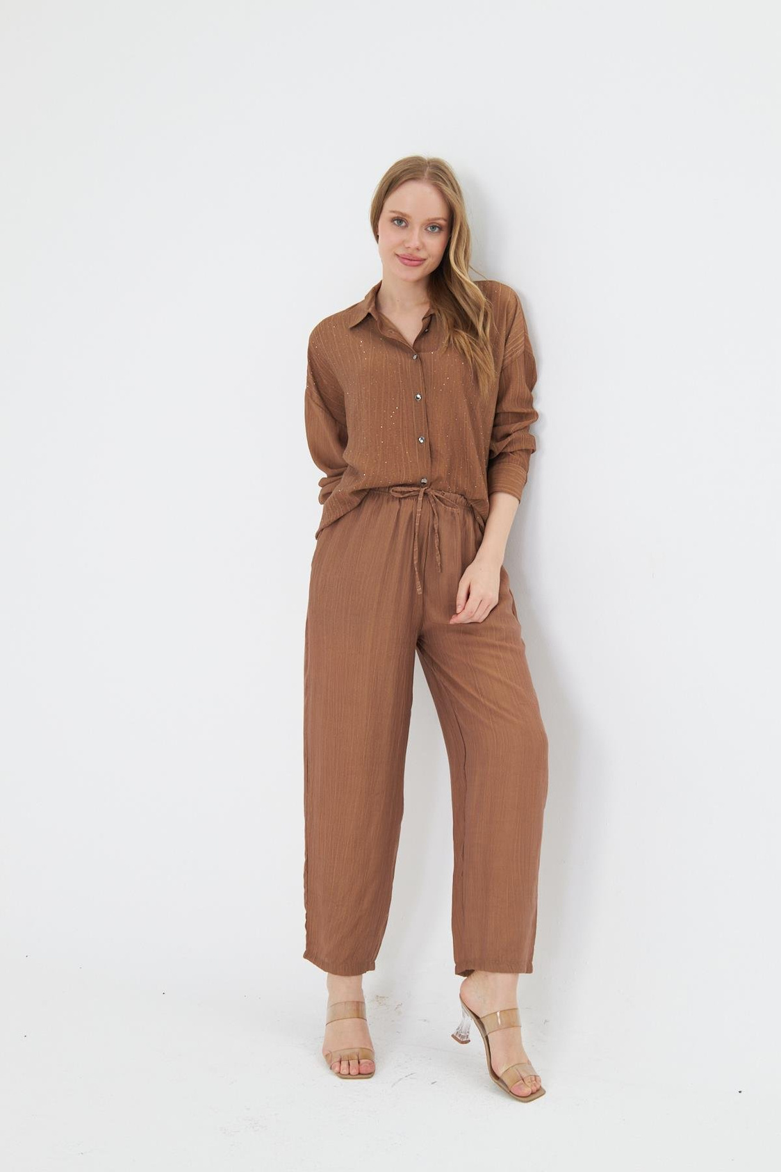 Beli Lastikli Çizgili Rayon Pantolon - Camel