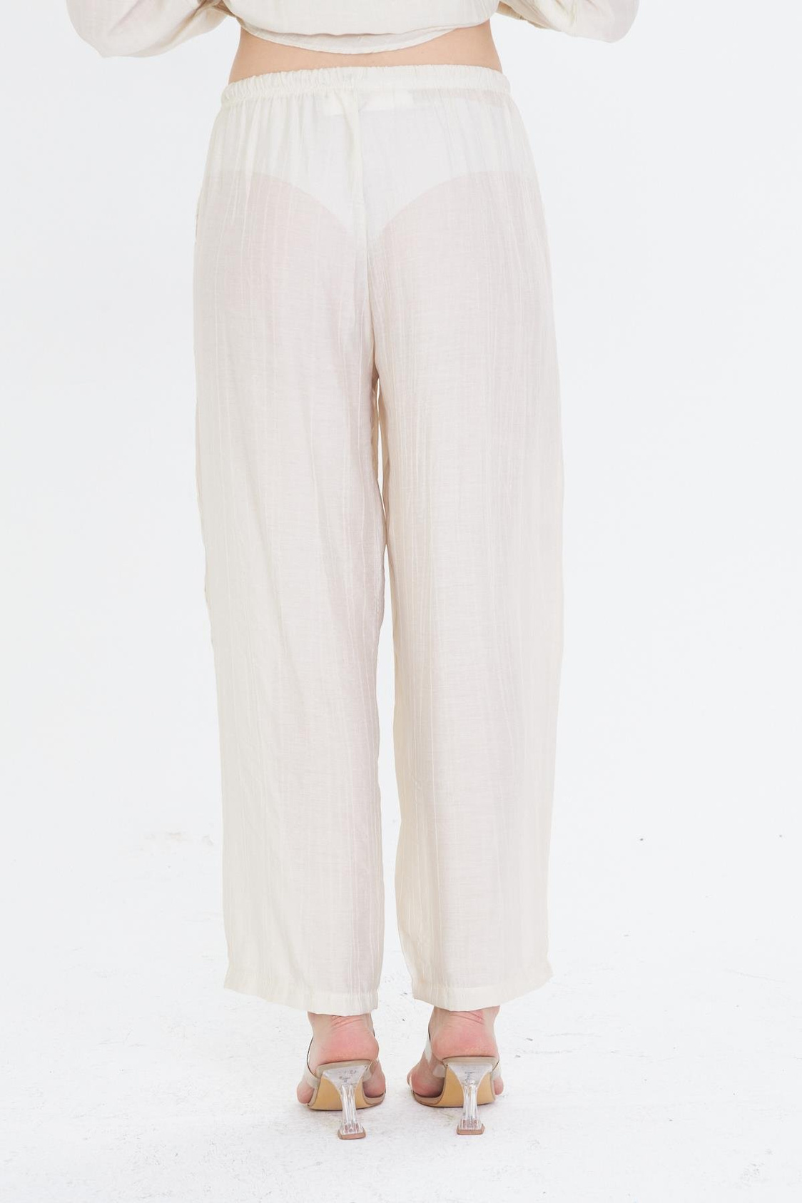 Beli Lastikli Çizgili Rayon Pantolon - Ekru