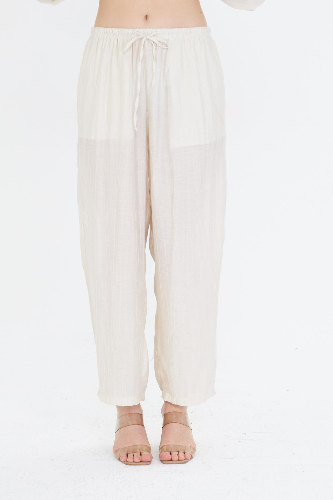 Beli Lastikli Çizgili Rayon Pantolon - Ekru