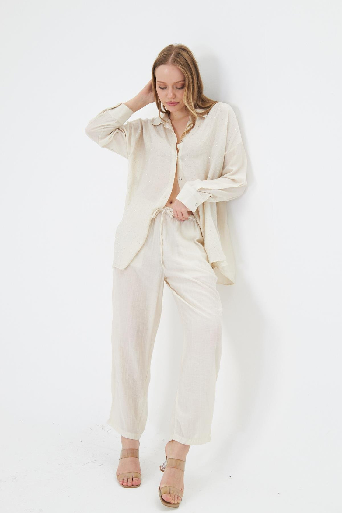 Beli Lastikli Çizgili Rayon Pantolon - Ekru