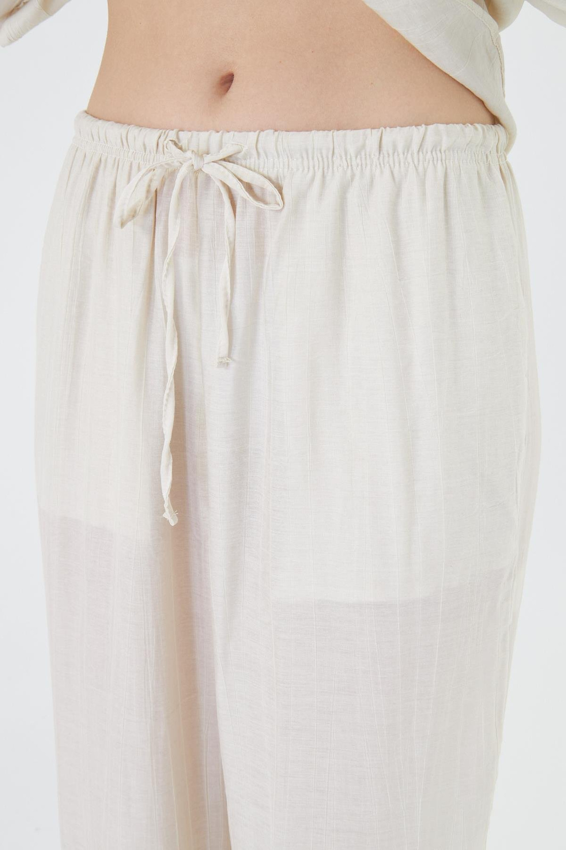 Beli Lastikli Çizgili Rayon Pantolon - Ekru