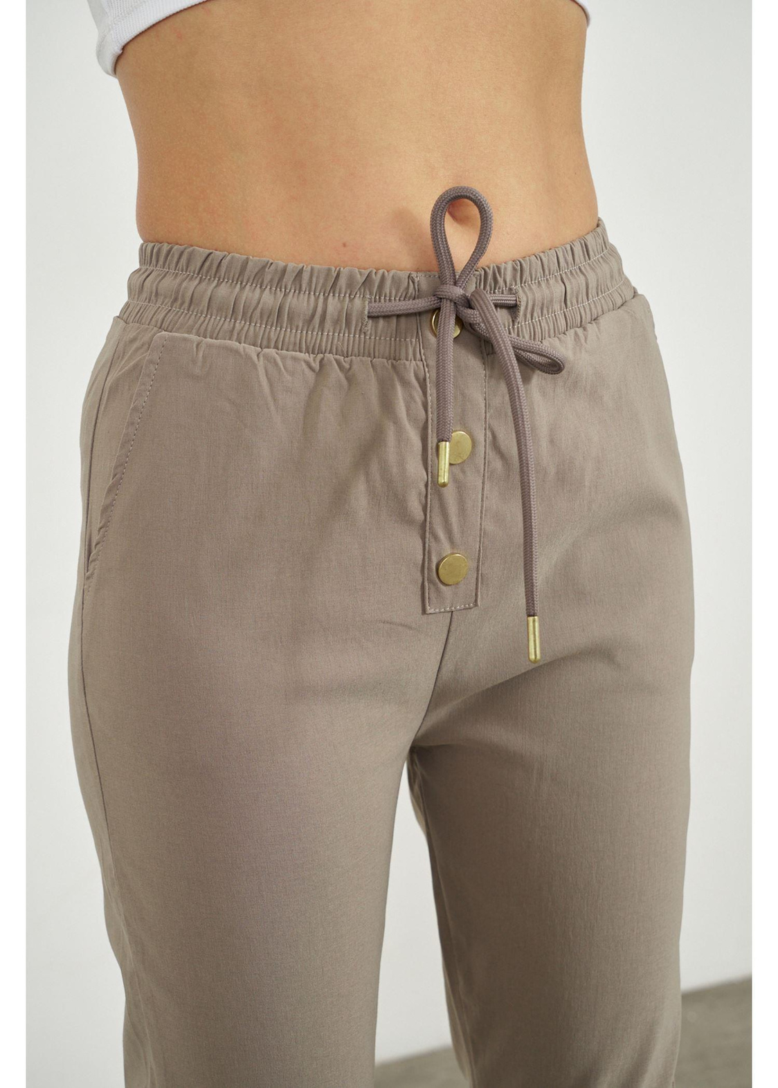 Beli Lastikli Düğme Detaylı Pantolon-Vizon