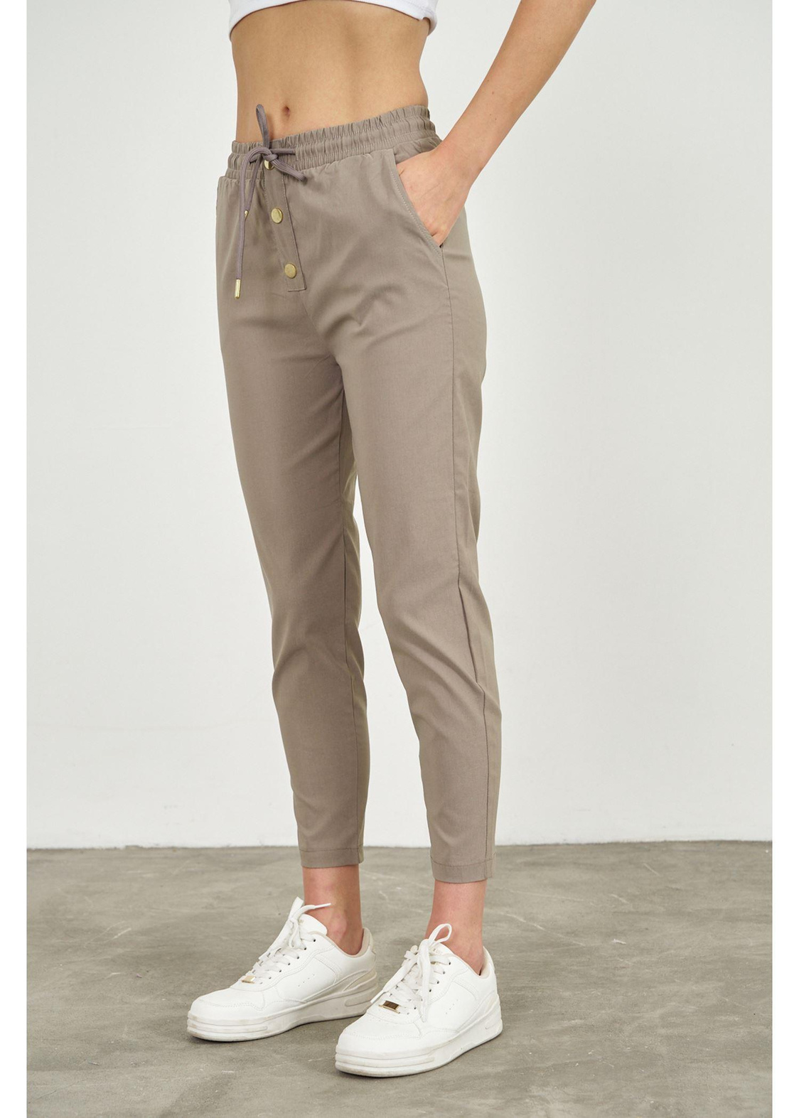 Beli Lastikli Düğme Detaylı Pantolon-Vizon