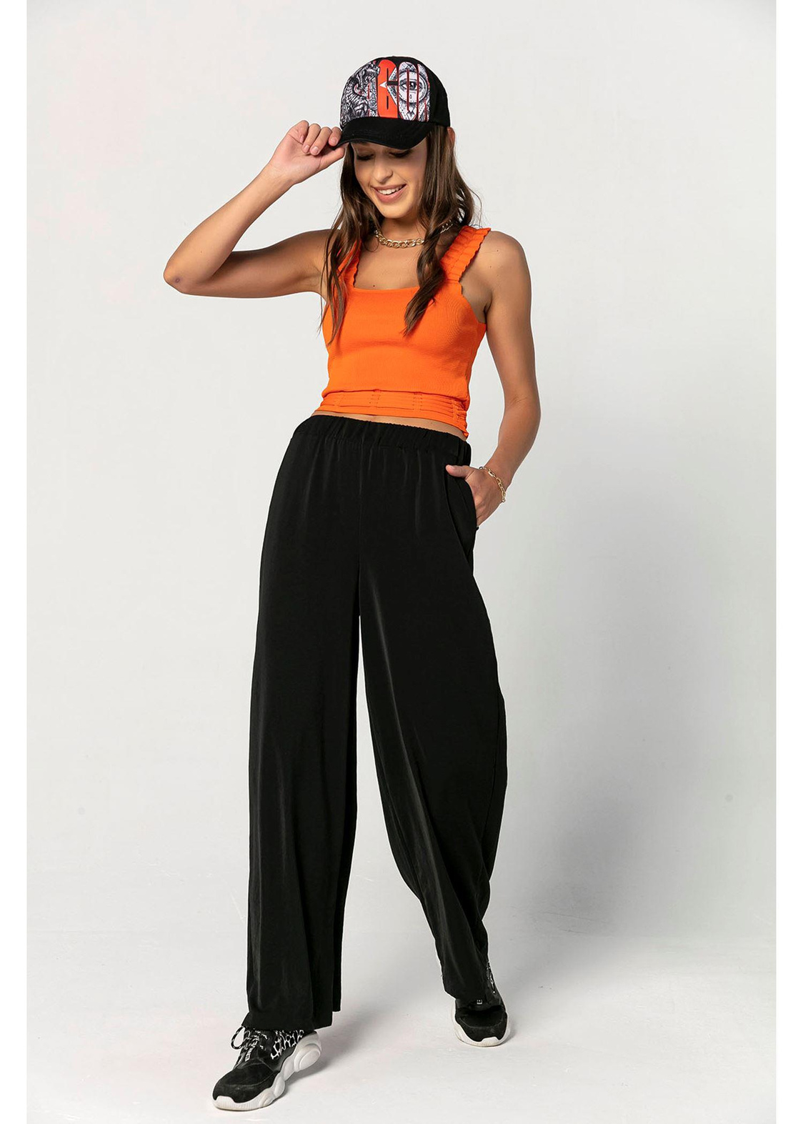 Beli Lastikli Geniş Paça Pantolon-Siyah