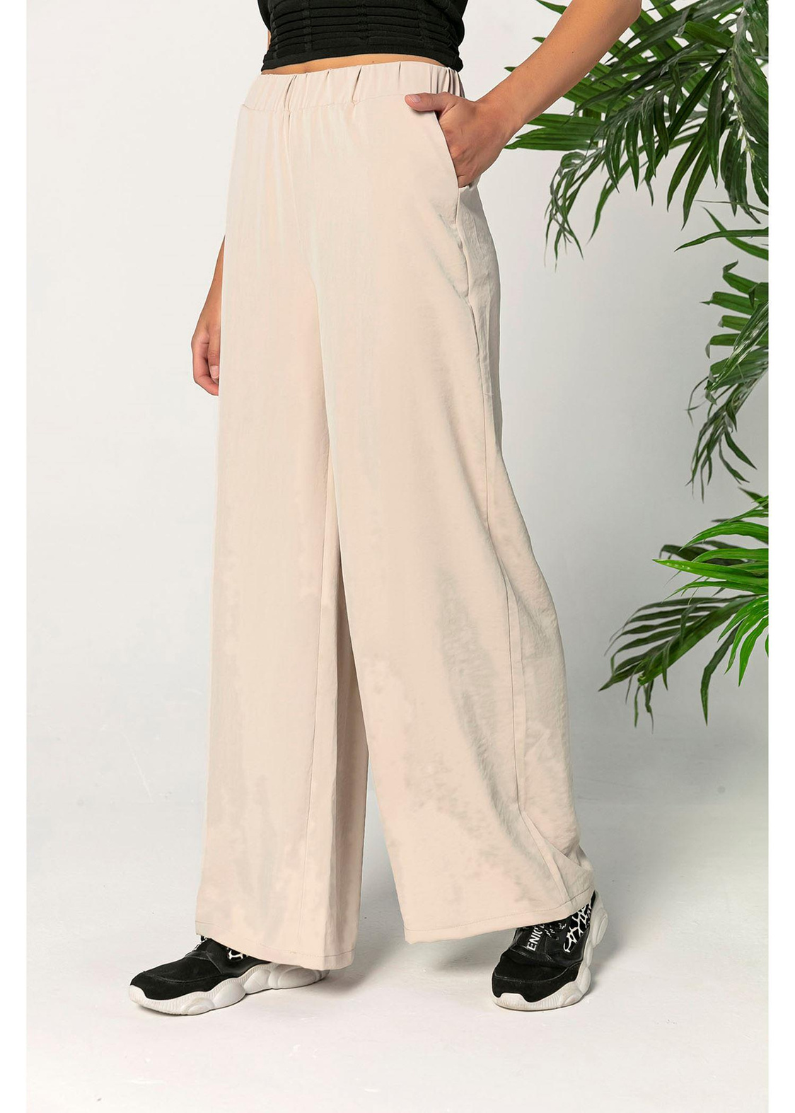Beli Lastikli Geniş Paça Pantolon-Taş