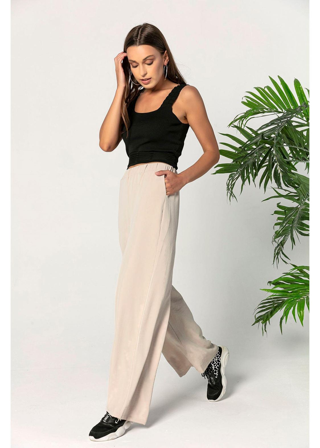 Beli Lastikli Geniş Paça Pantolon-Taş