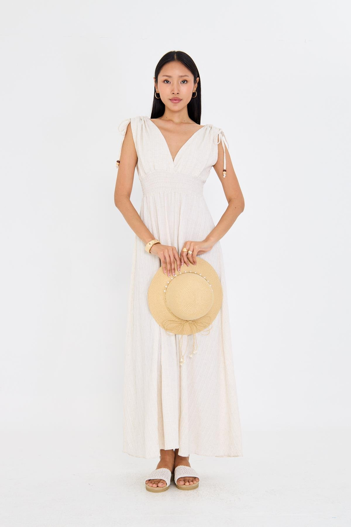 Beli Lastikli Keten Görünümlü Uzun Elbise