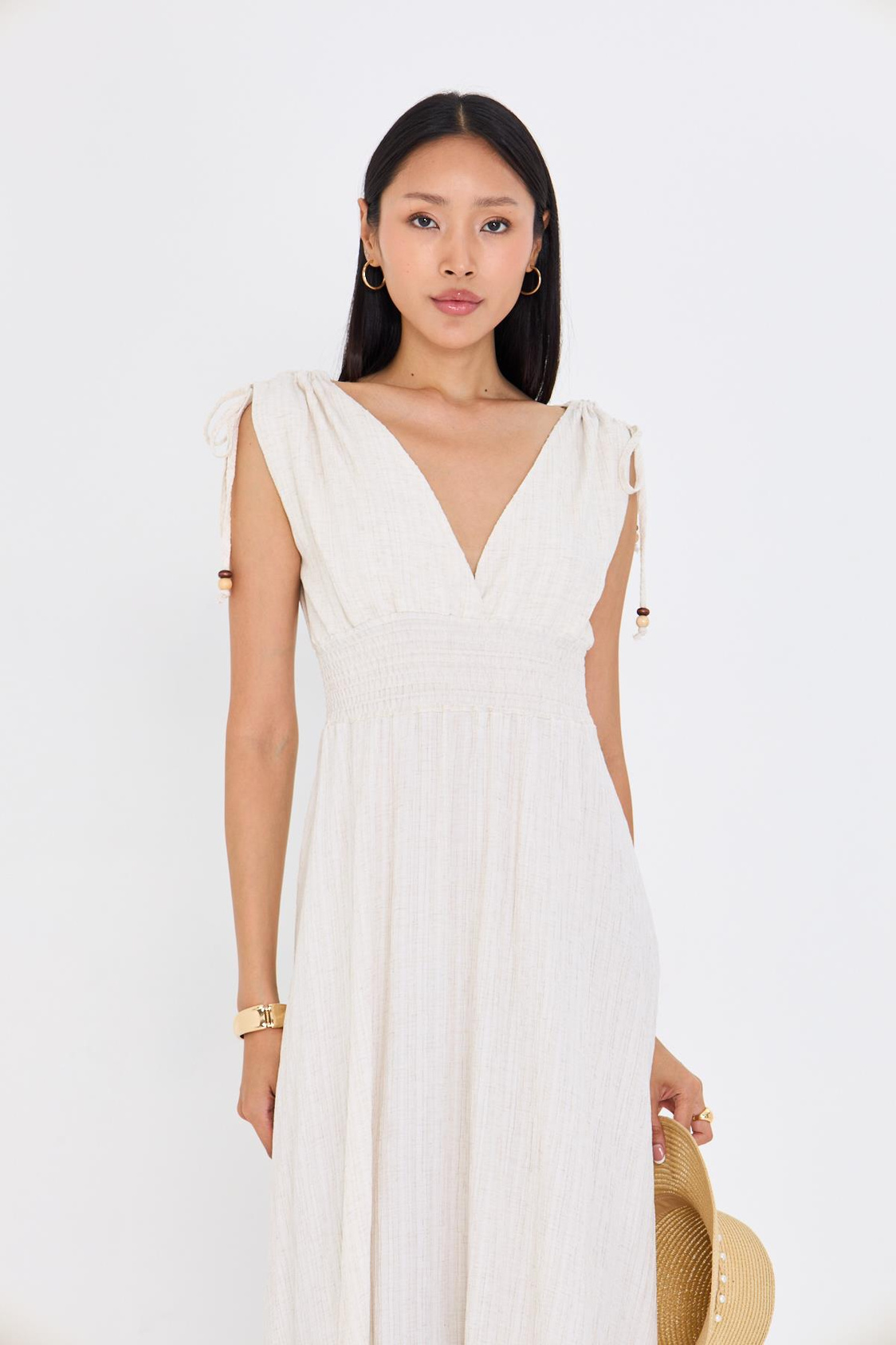 Beli Lastikli Keten Görünümlü Uzun Elbise